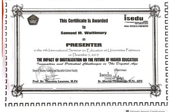 Samuel Michael Wattimury – Presenter Internasional Seminar on Education at Universitas Pattimur “ THE IMPACT OF DIGITALIZATION ON THE FUTURE OF HIGHER EDUCATION: Innovation and Potential Challenges in The Digital Age”