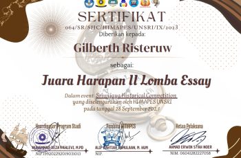 Gilberth Risteruw – Juara Harapan II Lomba Essay pada Event Sriwijaya Historical Competition yang di selenggarakan oleh HIMAPES UNSRI