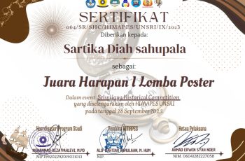 Sartika Diah Sahupala – Juara Harapan I Lomba Poster pada Event Sriwijaya Historical Competition yang di selenggarakan oleh HIMAPES UNSRI