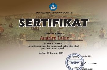 Anarice Laine – Kompetisi membuat dan Mengunggah Video Blog(Vlog) yang bertemakan Sejarah Oleh Balai Pelestarian Kebudayaan Wilayah XX
